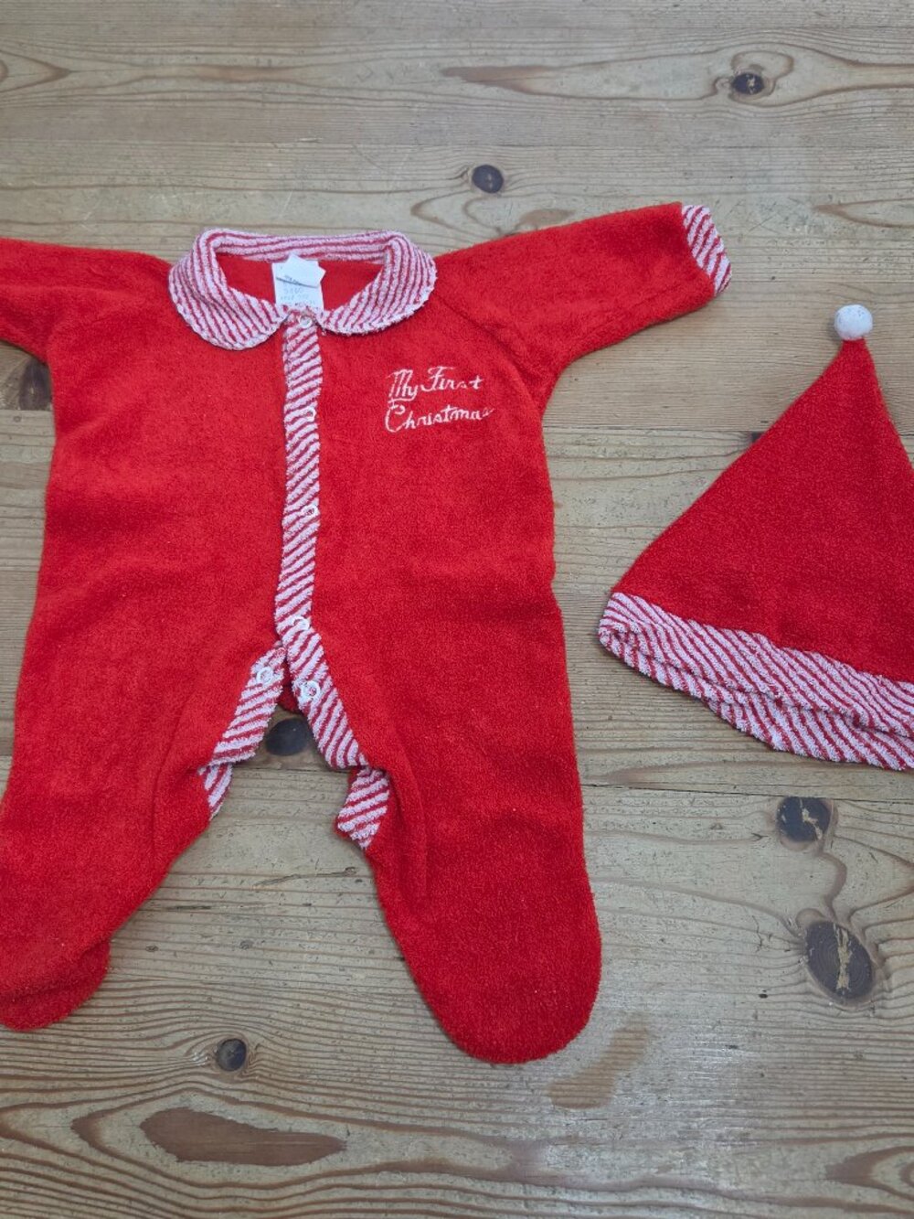 Vtg TrimFit Sleep & Play Red Terry My First Xmas Footed Sleeper & Hat 11-18 lbs